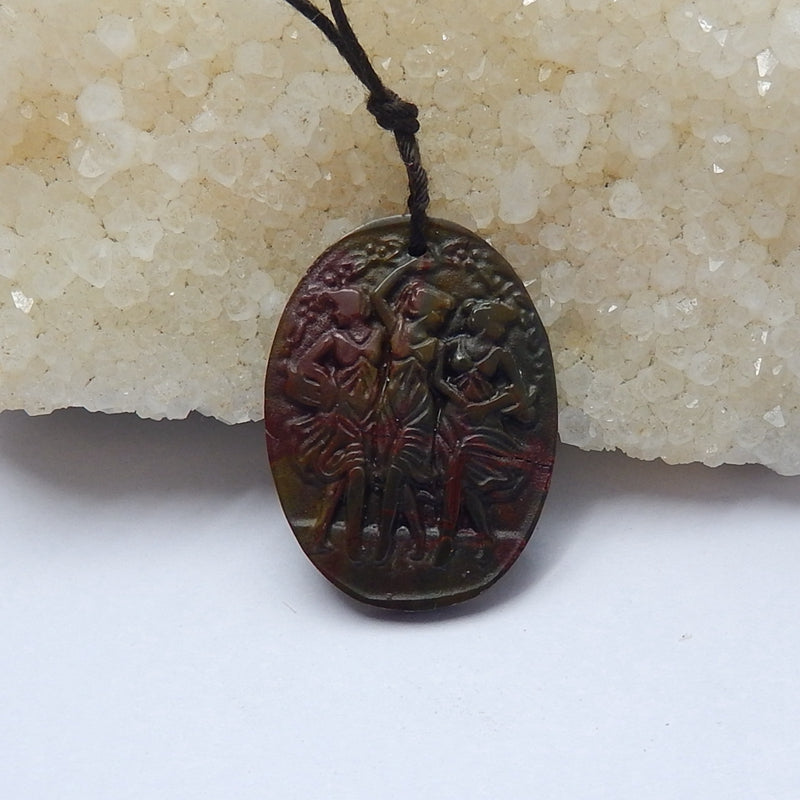 New design Multi-Color Picasso jasper Carved 3 women Oval Gemstone Pendant Bead, 29x21x3mm, 3.4g - MyGemGarden