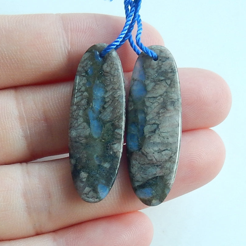 Natural Larvikite Oval Earrings Pair, stone for Earrings making, 32x11x4mm, 4.4g - MyGemGarden