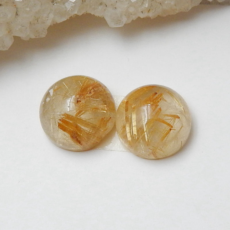 2 pcs Natural Gold Rutilated Quartz Round Gemstone Cabochons, 10x6mm, 2.6g - MyGemGarden