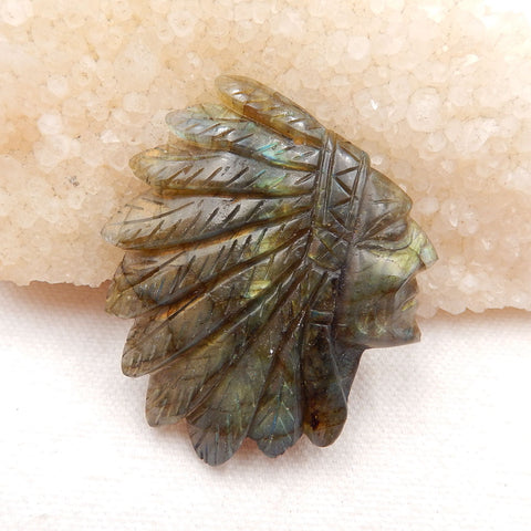 Vintage Hand Carved Labradorite Gemstone Indian Head Pendant , 52x46x7mm, 21.6g - MyGemGarden