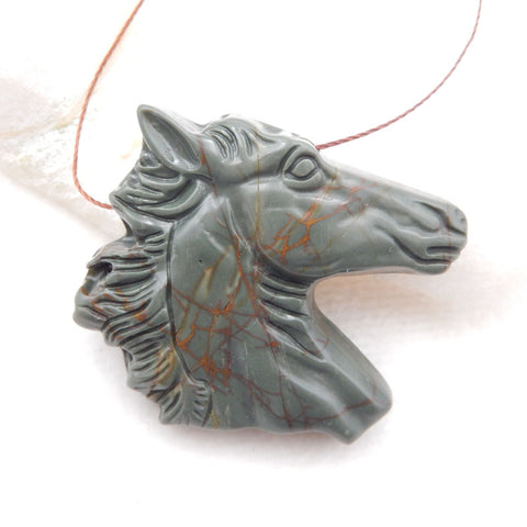 Pendentif tête de cheval en jaspe Picasso naturel multicolore sculpté à la main, 40x44x9mm, 26.3g