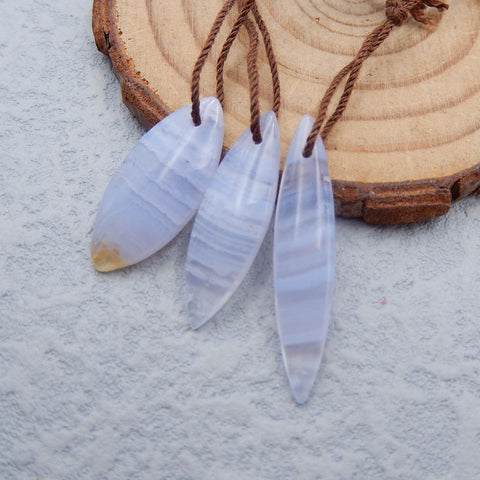 3 PCS Natural Blue Lace Agate Pendant Beads 37x7x4mm, 23x10x4mm, 4.1g