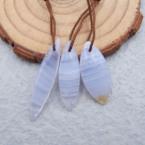 3 PCS Natural Blue Lace Agate Pendant Beads 37x7x4mm, 23x10x4mm, 4.1g