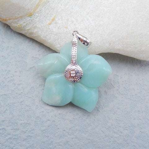 Pendentif en argent 925 avec agate verte sculptée à la main à 5 pétales, 35x8 mm, 10,1 g