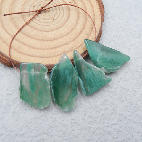 4 PCS Natural Green Chalcedony Pendant Beads 20x14x4mm, 26x13x5mm, 9.4g