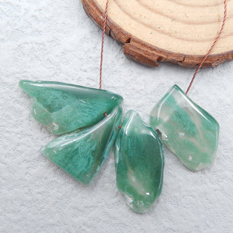 4 PCS Natural Green Chalcedony Pendant Beads 20x14x4mm, 26x13x5mm, 9.4g