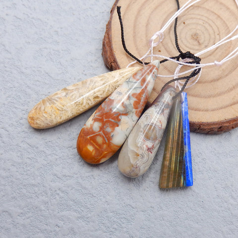 3 PCS Natural Crazy Lace Agate And Intarsia Of Lapis Lazuli And Labradorite Pendant Beads 38x13x7mm, 29x10x4mm, 13.9g
