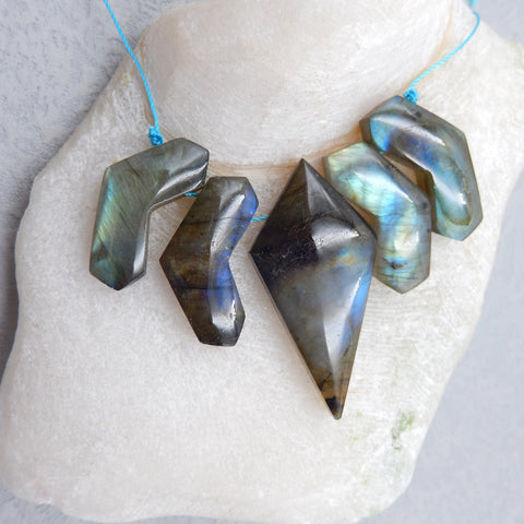 5 PCS Natural Labradorite Pendant Beads 45X22X8mm, 27X15X7mm, 28.6g