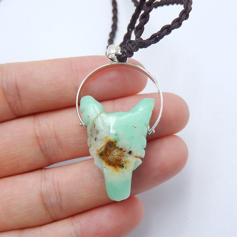 Handcraft Chrysoprase carved Wolf Head Pendants, 925 Sterling Silver Pinch Bail, 28x20x9mm, 6.2g - MyGemGarden