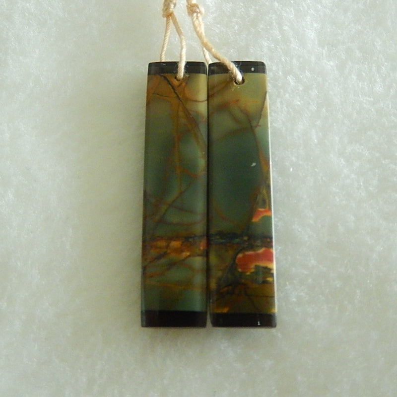 Natural Multi-color Picasso Jasper and Obsidian Drilled Glued Earrings Pair 35x8x3mm,4.2g - MyGemGarden