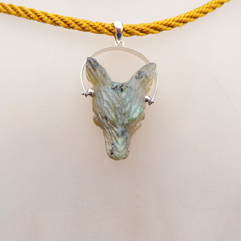 Pendentif en argent 925 avec tête de loup sculptée en labradorite de haute qualité, 24 x 18 x 8 mm, 4,5 g