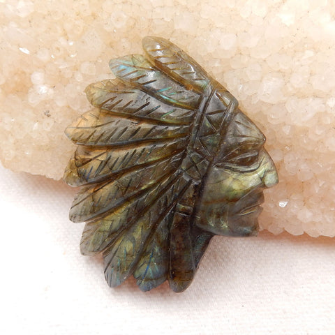 Vintage Hand Carved Labradorite Gemstone Indian Head Pendant , 52x46x7mm, 21.6g - MyGemGarden