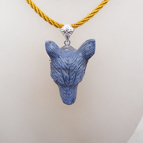 Pendentif en argent 925 avec tête de loup sculptée à la main en corail bleu naturel, 41x31x15 mm, 20,4 g