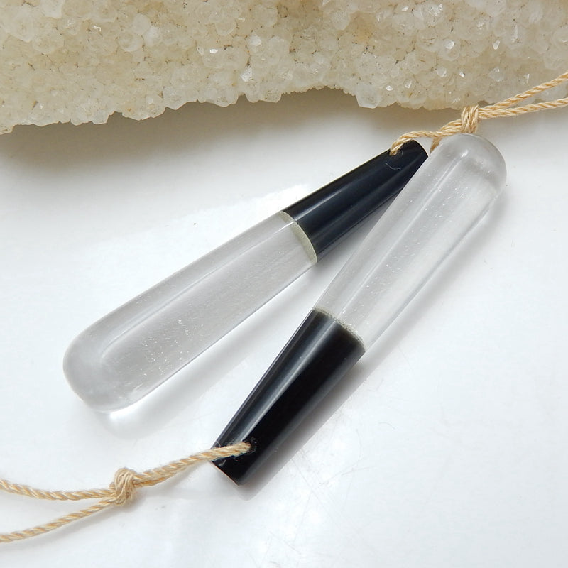 Obsidian and White Quartz Glued Earrings Pair, 45x9mm, 9.7g - MyGemGarden