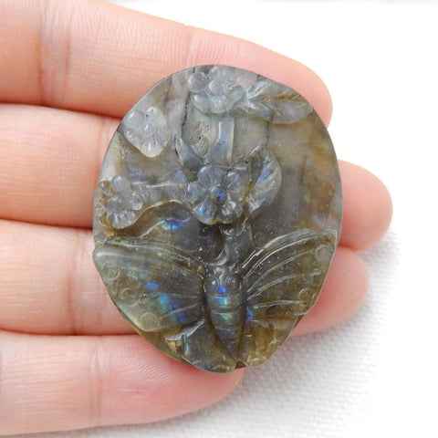 Carved Labradorite butterfly & Flower Gemstone Cabochon, 40x33x8mm, 17.8g - MyGemGarden