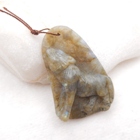 雕刻拉长石宝石狼饰品吊坠石,47X31X15mm,23.56g