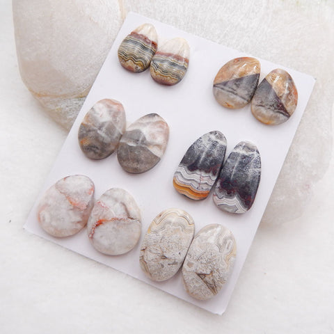 6 Pairs Natural Crazy Lace Agate Cabochons 14X10X4mm, 18X11X4mm, 16.9g