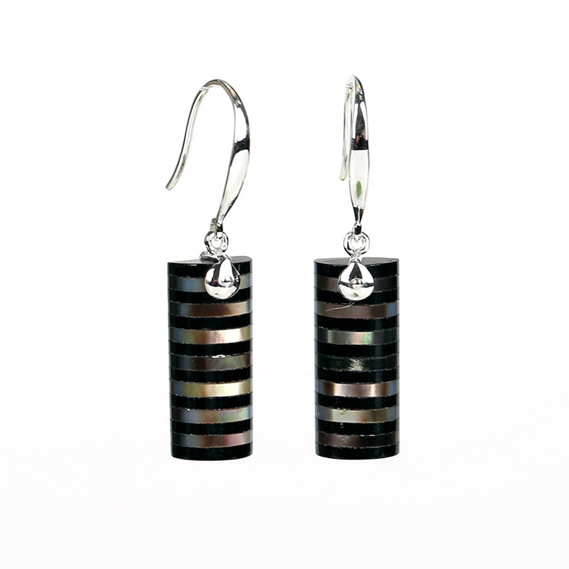 New design Onyx and Silver shell Drilled Intarsia Earrings , 925 Sterling Silver Findings, 13x8x5mm, 3.5g - MyGemGarden