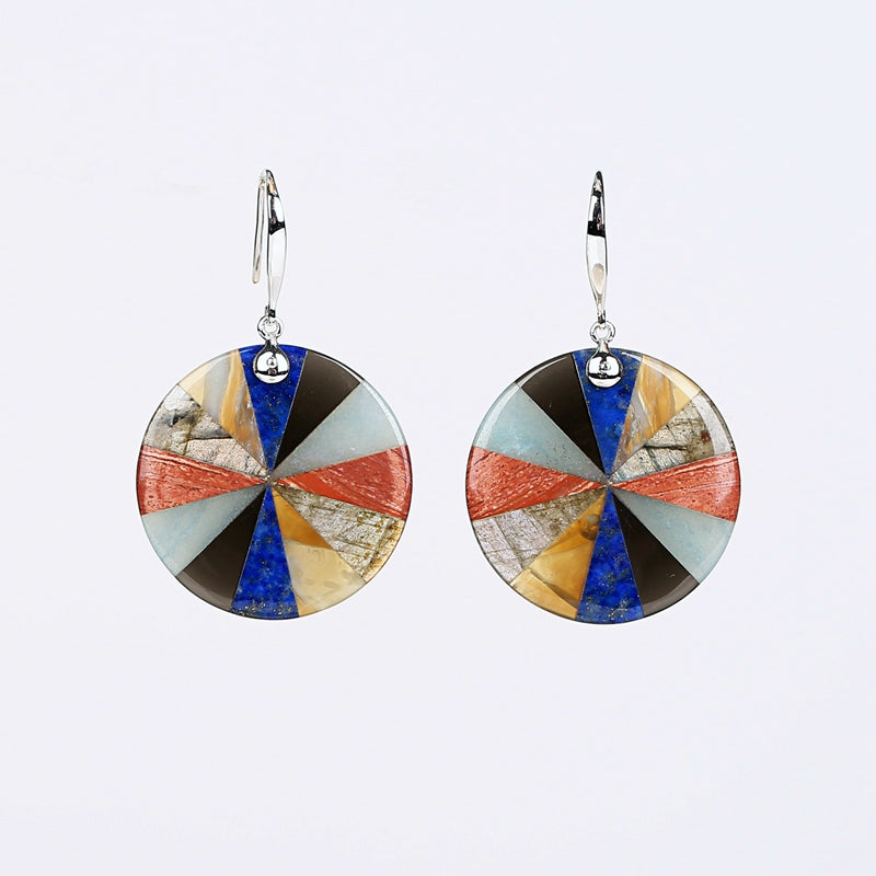New Design Hot Sale Labradorite, Yellow opal, Lapis Lazuli, Obsidian, Green Aventurine And Red River Jasper Intarsia Round Earrings, 25x4mm, 7.3g - MyGemGarden