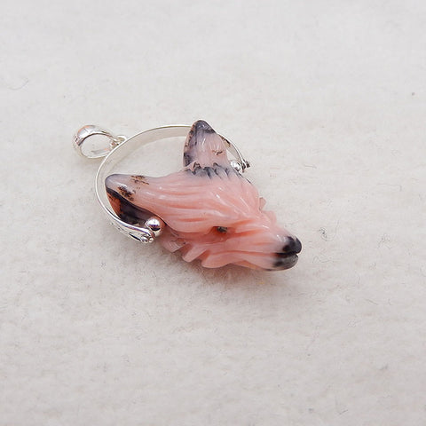 1 pièce pendentif tête de loup en argent 925 sculpté à la main en opale rose, 23x16x9mm, 3.6g