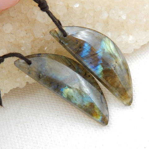 New! Labradorite Earrings Pair, stone for Earrings making, 36x13x5mm, 7.6g - MyGemGarden