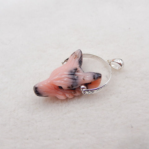 1 pièce pendentif tête de loup en argent 925 sculpté à la main en opale rose, 23x16x9mm, 3.6g