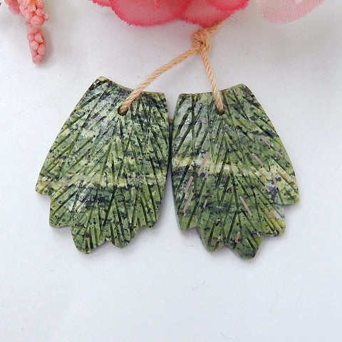 Carved Camouflage Jasper Feather Earrings,Handcarved Gemstone Feather Dangle Earrings,Natural Jewelry,25x18x4mm,5.2g - MyGemGarden