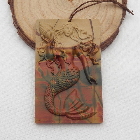 Carved Mermaid Multicolor Picasso Jasper Rectangle Gemstone Pendant, 56x35x6mm, 20.2g