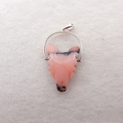 1 pièce pendentif tête de loup en argent 925 sculpté à la main en opale rose, 23x16x9mm, 3.6g