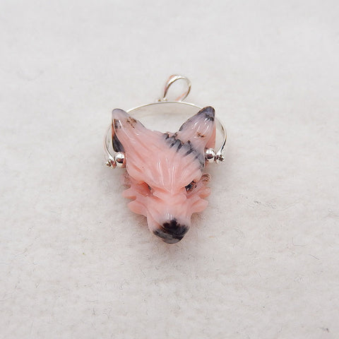1 pièce pendentif tête de loup en argent 925 sculpté à la main en opale rose, 23x16x9mm, 3.6g