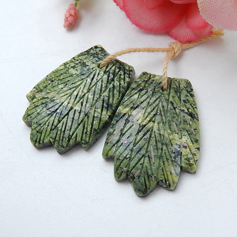 Carved Camouflage Jasper Feather Earrings,Handcarved Gemstone Feather Dangle Earrings,Natural Jewelry,25x18x4mm,5.2g - MyGemGarden