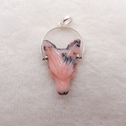 1 pièce pendentif tête de loup en argent 925 sculpté à la main en opale rose, 23x16x9mm, 3.6g