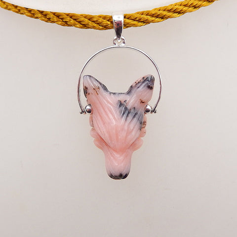 1 pièce pendentif tête de loup en argent 925 sculpté à la main en opale rose, 23x16x9mm, 3.6g