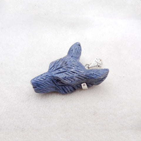 Pendentif en argent 925 avec tête de loup sculptée à la main en corail bleu naturel, 41x31x15 mm, 20,4 g