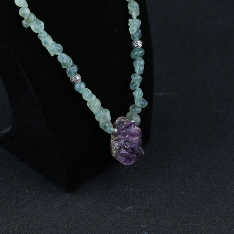 Natural Prehnite With Silver Beads Gemstone Necklace, Amethyst Pendant, Handmade Jewelry, 1 Strand, 24 inch, 85g