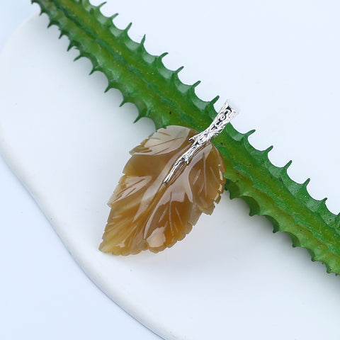 Pendentif en feuille de jaspe Chohua naturel sculpté à la main, bélière en argent sterling 925, 57x42x13mm, 21g