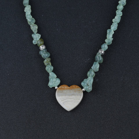Natural Prehnite With Silver Beads Gemstone Necklace, Wave Jasper Heart Shape Pendant, Handmade Jewelry, 1 Strand, 24 inch, 76.5g