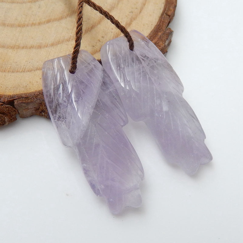 New! Hand Carved Amethyst Feather Earrings Pair, Natural Stone, 26x11x4mm, 4.4g - MyGemGarden