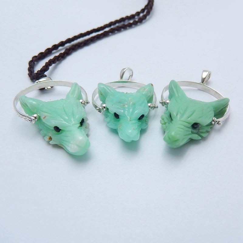 Handcraft Chrysoprase carved Wolf Head Pendants, 925 Sterling Silver Pinch Bail, 28x20x9mm, 6.2g - MyGemGarden
