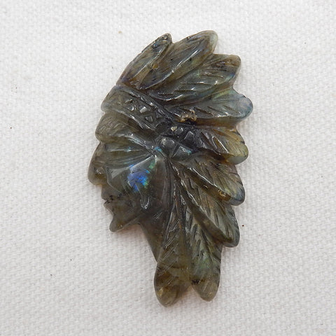 Vintage Hand Carved Labradorite Gemstone Indian Head Pendant, 50x28x7mm, 13.6g