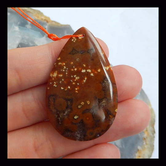 Natural Ocean Jasper Pendant Bead, 40x26x6mm, 8.6g - MyGemGarden