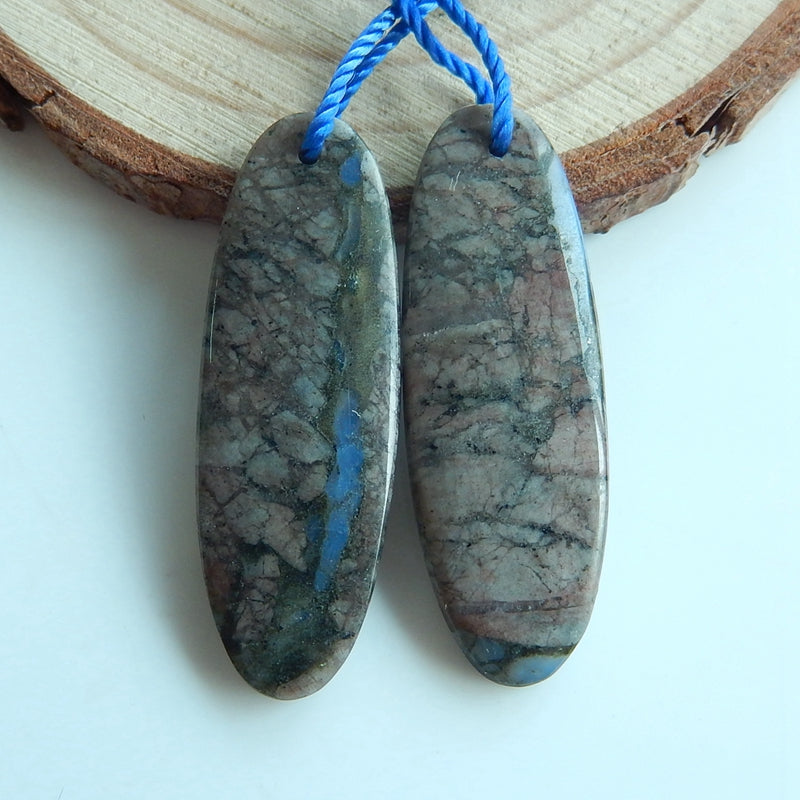 Natural Larvikite Oval Earrings Pair, stone for Earrings making, 32x11x4mm, 4.4g - MyGemGarden