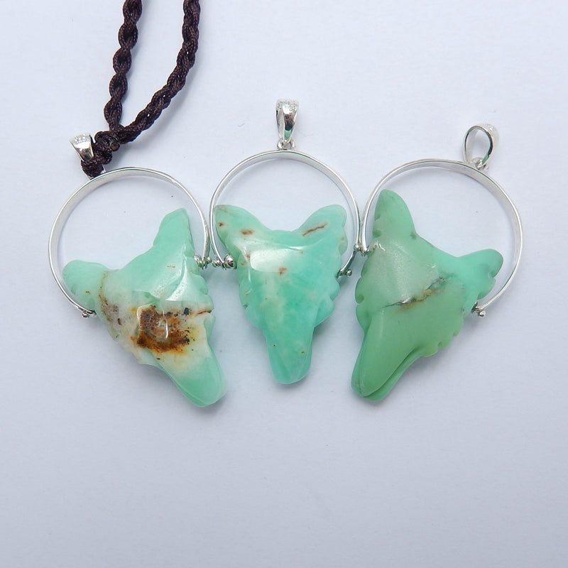 Handcraft Chrysoprase carved Wolf Head Pendants, 925 Sterling Silver Pinch Bail, 28x20x9mm, 6.2g - MyGemGarden