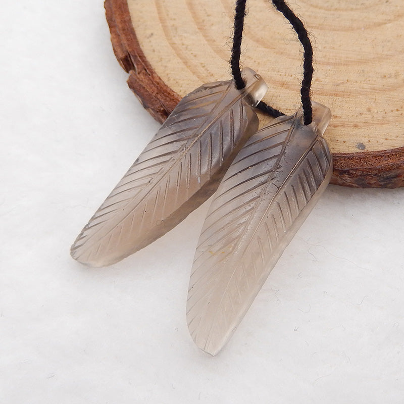 Carved Feather Grey Smoky Quartz Earrings Pair for Making Jewelry, 33x10x3.5mm, 3.5g