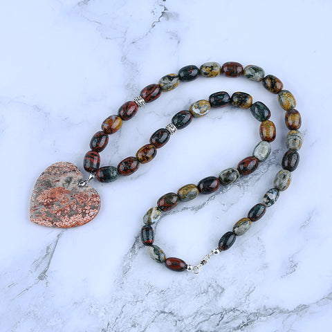 Natural Ocean Jasper Gemstone With Silver Beads Necklace, Heart Shape Pendant, Handmade Jewelry, 1 Strand, 24 inch, 115g