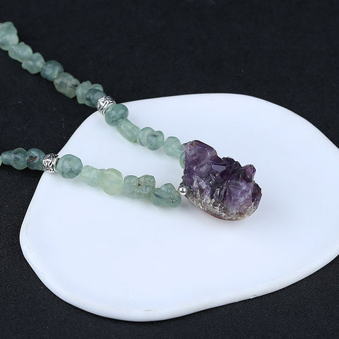 Natural Prehnite With Silver Beads Gemstone Necklace, Amethyst Pendant, Handmade Jewelry, 1 Strand, 24 inch, 85g