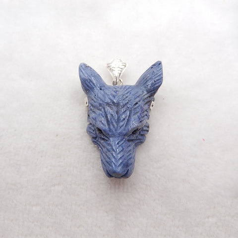 Pendentif en argent 925 avec tête de loup sculptée à la main en corail bleu naturel, 41x31x15 mm, 20,4 g