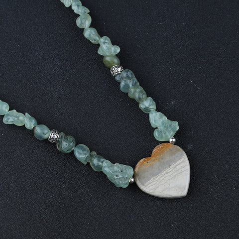 Natural Prehnite With Silver Beads Gemstone Necklace, Wave Jasper Heart Shape Pendant, Handmade Jewelry, 1 Strand, 24 inch, 76.5g