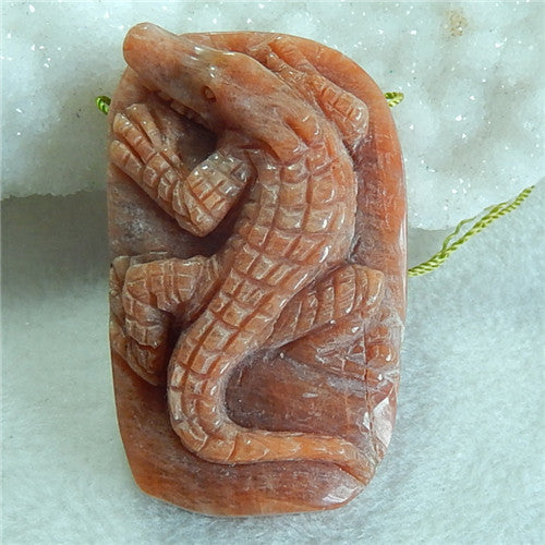 Natural Sunstone Carved lizard Pendant, 53x32x14mm, 37.61g - MyGemGarden