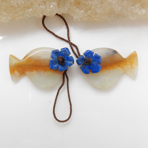 New Natural Gemstone Carved fish Amazonite with lapis lazuli ntarsia fashion Gemstone Earrings Pairs, 28x18x3mm, 10x10x2mm, 7g - MyGemGarden